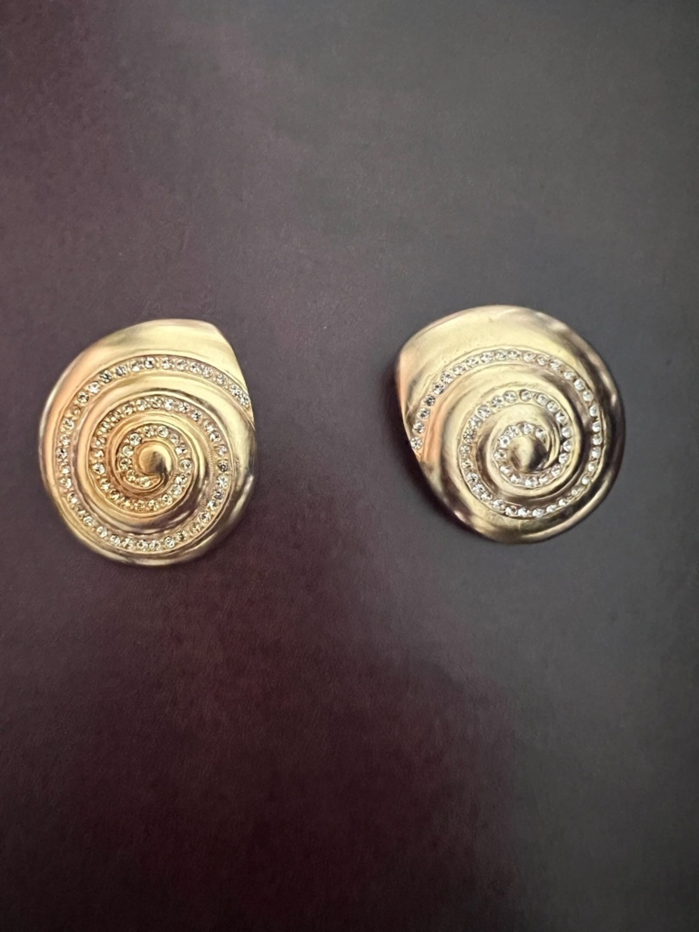 Vintage Gold Tone Spiral Dome Clip On Earrings With Clear Crystal Swirls